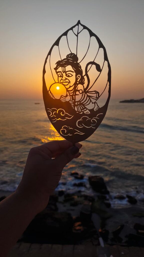 Bal Hanuman Eating the Sun Leaf Art 🌅 | Captured at Kanyakumari Sunrise